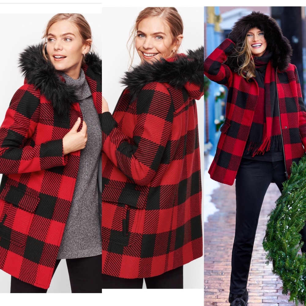 FAUX FUR TRIM WOOL JACKET - BUFFALO CHECK